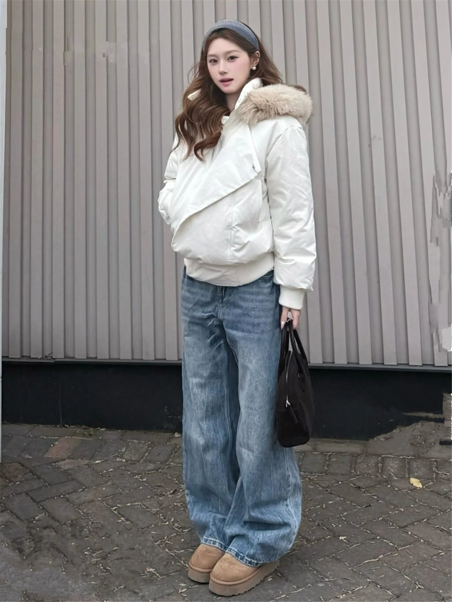 

Retro American Street Blue Low Waist Wide Leg Denim Jeans Women's Autumn Winter Fleece Thickened Loose Slim Straight Leg ...