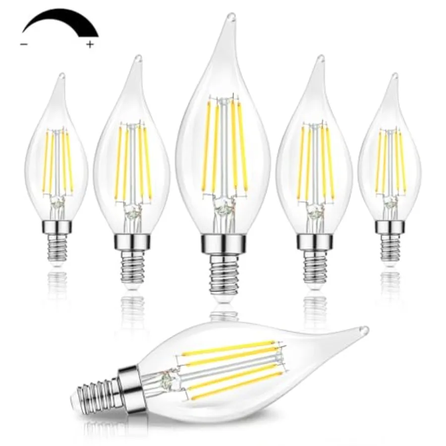 

Dimmable E12 Candelabra LED Bulbs 60 Watt Incandescent Equivalent,,Clear LED Chandelier Light Bulbs 6W, 600lm, CA11 Vintage Cei