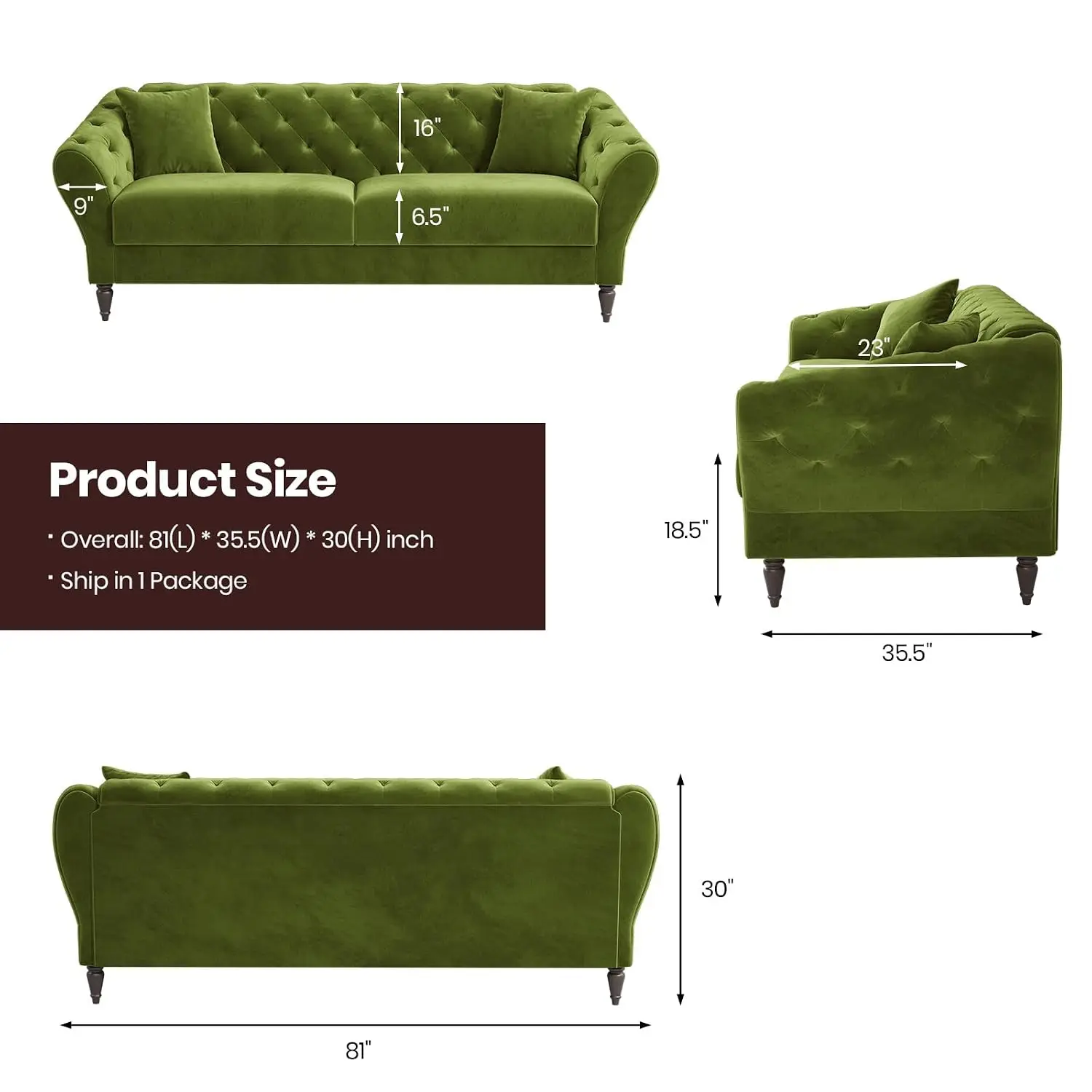 Chesterfield Loveseat Sofa Tuxedo Arms Sturdy Easy Install Small Velvet Green Living Room Bedroom Office, Customized