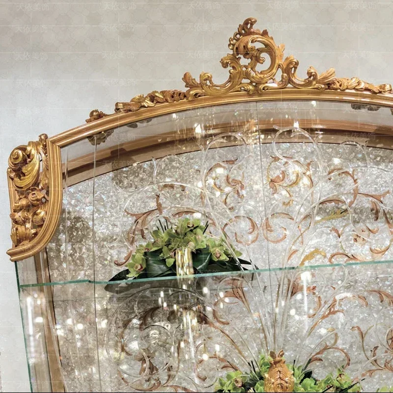 Italian luxury table side cabinet solid wood carved veneer shell double door glass display palace wine cabinet