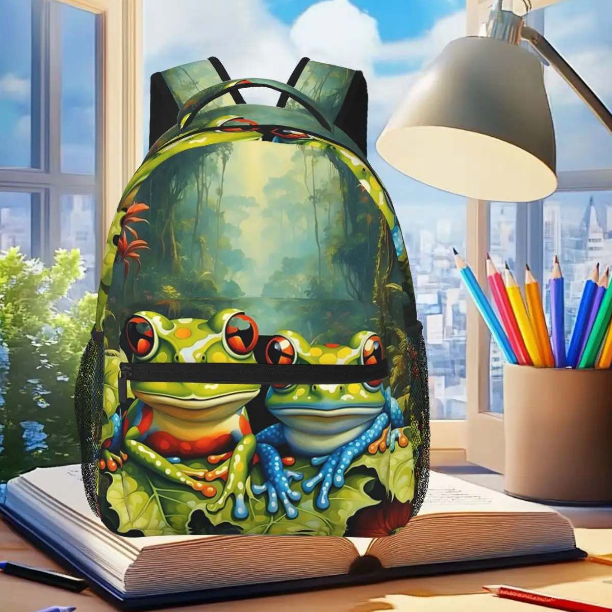 

Cartoon Jungle Frogs Backpack Student Boys Girls BookBag Kids School Bag Computer Shoulder Bags for Men Women