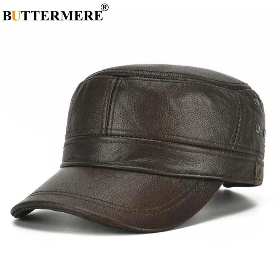 BUTTERMERE Men Cap Military Leather Brown Navy Captain Hat Real Cowskin Leather Adjustable Army Caps Male Winter Fiddler Hats