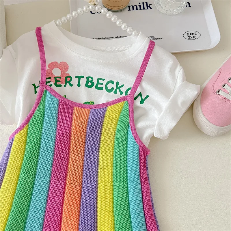 HoneyCherry Girls Summer Fashion Rainbow Color Sling Dress Girls Cartoon T-shirt with Candy-colored Dresses