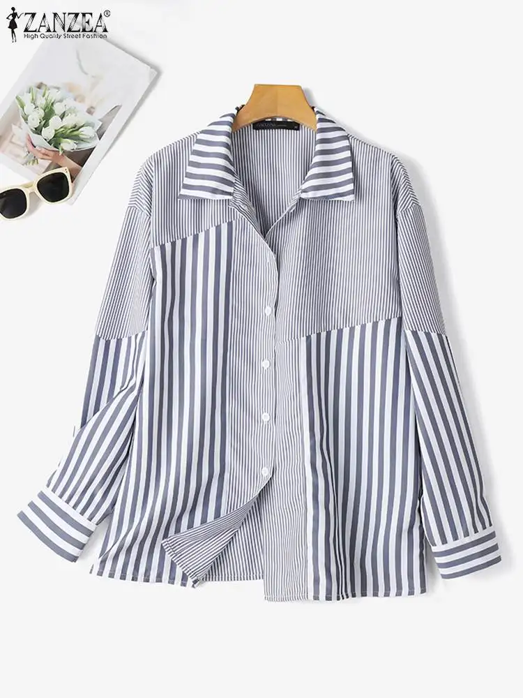 ZANZEA Autumn Lapel Neck Long Sleeve Shirt Elegant Casual OL Work Tops Stylish Women Striped Blouse Loose Patchwork Blusas Mujer