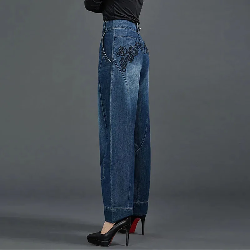 Large Size Loose Women Jeans Autumn Winter High Waisted Casual Embroidery Harun Pants Female Fashion Wide Leg Denim Pants Blue