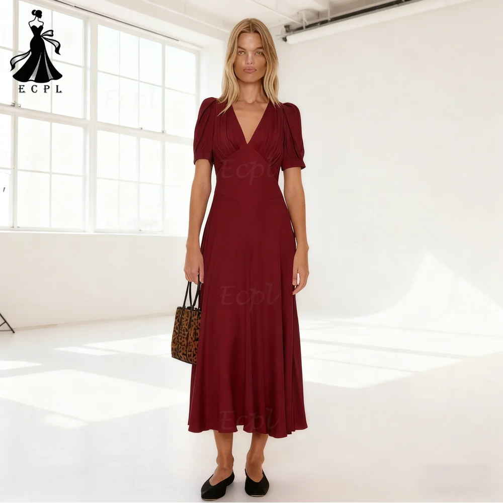 

Ecpl Deep V-Neck Chiffon Evening Party Gowns Short Sleeves Tea-Length A-Line Prom Dresses vestidos de festa Custom Made 2025