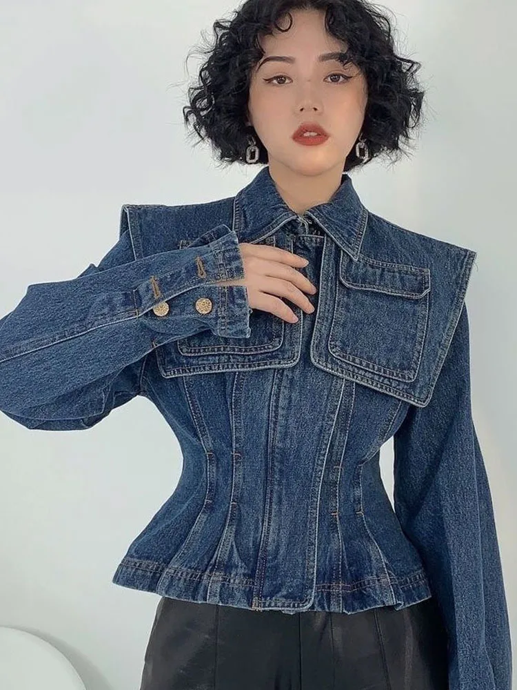 Denim Jacket For Women\'s Spring Autumn Blue Large Lapel Shawl Poket Denim Coats Women Female Spring Jacket Jean Jacket