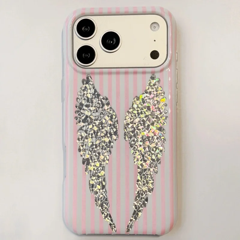 Korean Cute Pink White Stripe Wings Phone Case For iPhone 18 17 16 15 Pro Max 17pro 16pro Fashion Shockproof Cover For Girls