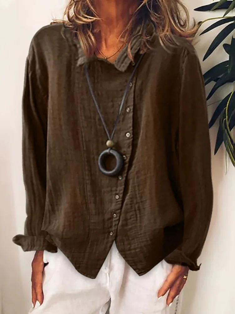 New Fashion Women's Cotton Linen Button down Shirt Blouse Loose Fit Long Sleeve round Neck Casual Office Wear Spring 2025
