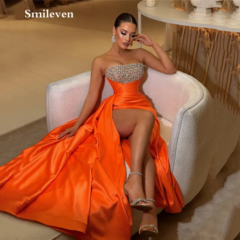 Smileven-Vestidos de noite com fenda lateral, mangas Prom Gowns, Arábia Saudita, A Line Beading, vestido de festa laranja