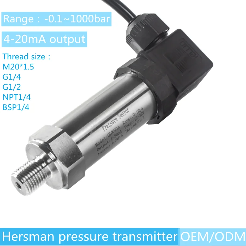 Hersman 4-20mA Output Pressure Transmitter 10kPa 1.6Mpa  100psi Water Gas Oil Liquid Sensor 100mbar 1bar 0.1Mpa 16bar