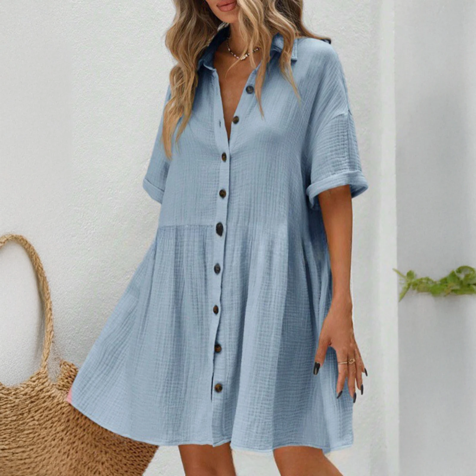 

Loose Dresses European and American large-size women's clothing 2025 summer new short-sleeved solid color dress large-size