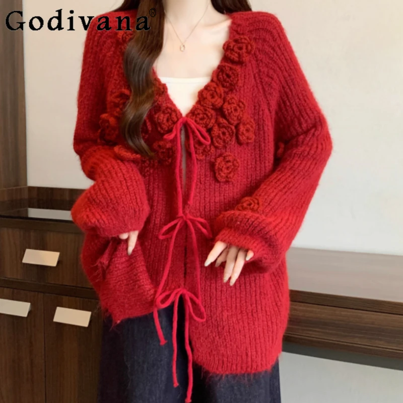 Autumn Winter Large Size Christmas Red Three-dimensional Flower V-neck Sweater Sweet Girl Fashion Loose Long Sleeve Knitted Tops
