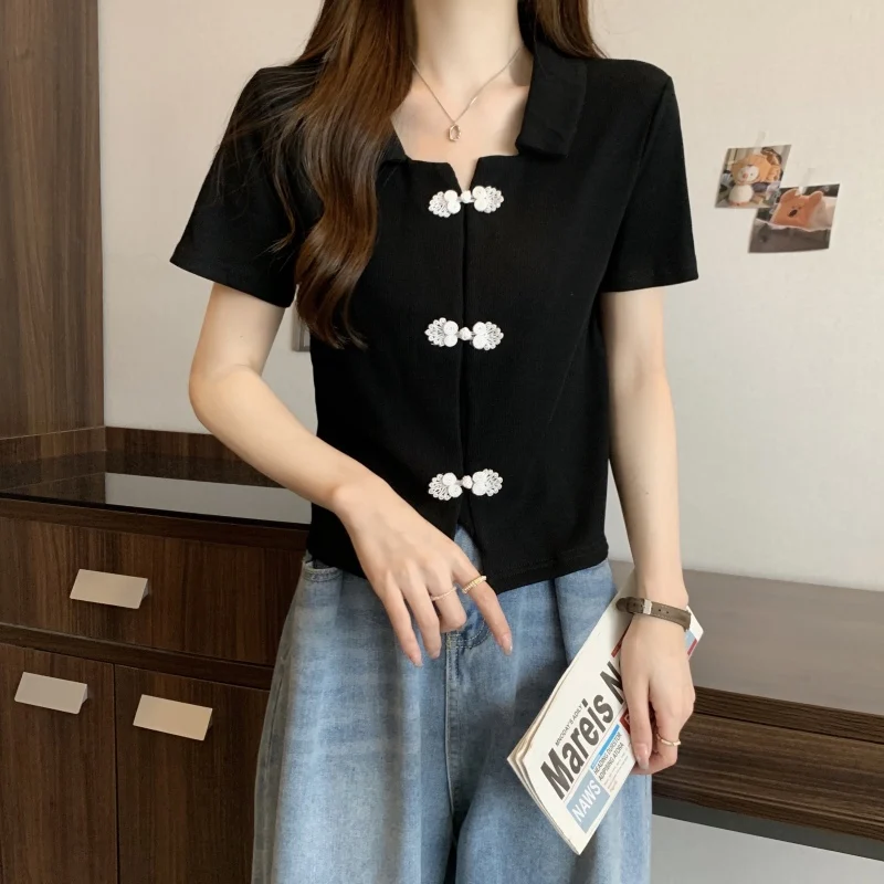 New Women\'s 2024 Summer Solid Color Polo-Neck Button Fashion Elegant Loose Versatile Casual Short Sleeve Commuter T-shirt Tops