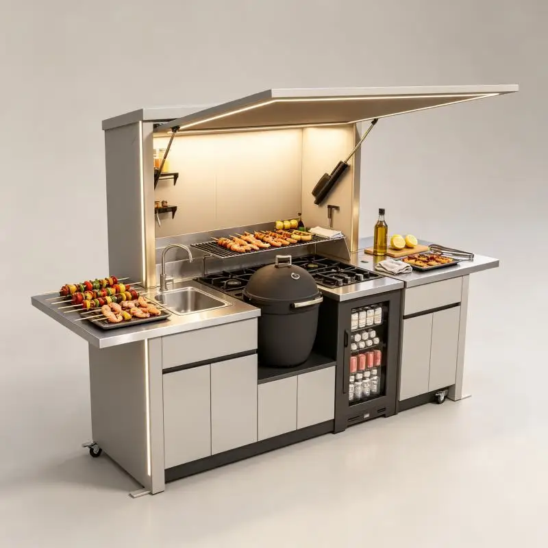 Outdoor Kitchen Stainless Steel BBQ Island With Sink Faucet Prep Surface Weather Resistant For Backyard Deck