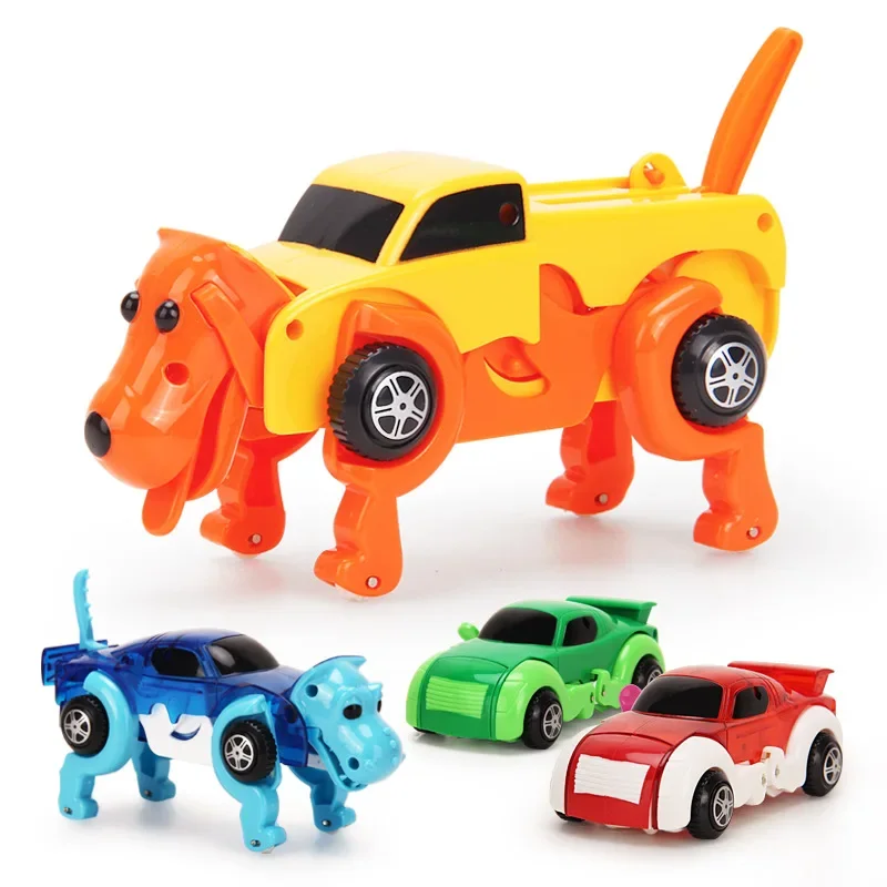 Transformation Action Figure Toy Dog Car Wind Up Dog Robot Toys Pull Back Deformation Car Classic Clockwork Toy For Boys T081