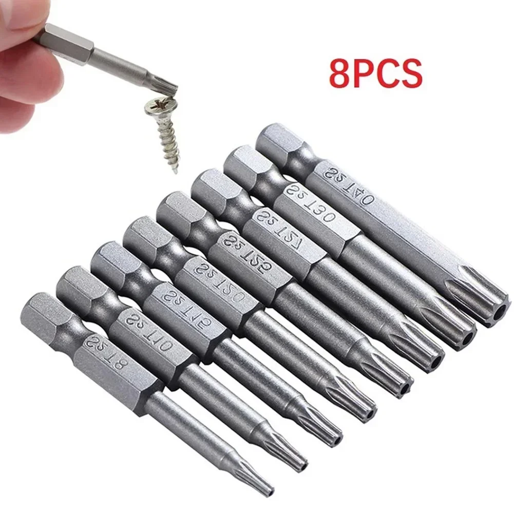 8/1Pcs Torx Screwdriver Bit Set 50mm Magnetic Tamper Resistant Star Bits 1/4\