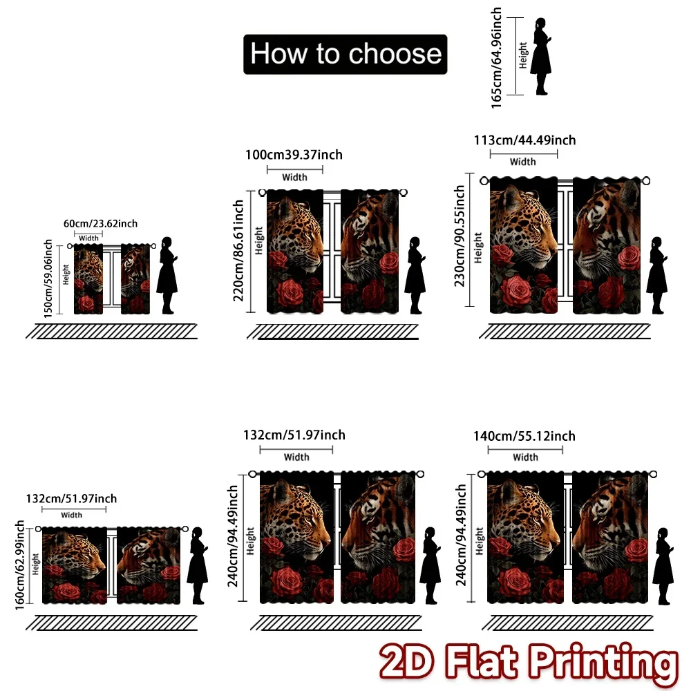 2D الطباعة المسطحة 2 قطعة ستائر النافذة ليوبارد ونمر الورود الرقمية المطبوعة البوليستر الستائر الأسرة استخدام الحفلات لغرفة النوم