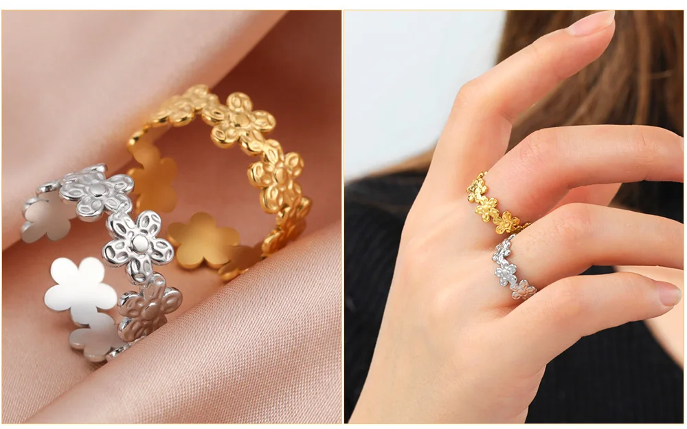 Edelstahl Offene Ringe für Frauen Geometrisches Herz Weizenähren Verstellbarer Fingerring Modeschmuck Geburtstagsgeschenk Großhandel – Detail 3