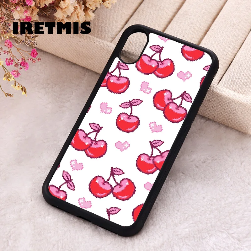 Iretmis Phone Cover Case For iPhone X XS Max XR 11 12 13 PRO MINI 14 15 16 Plus Rubber Silicone Pixel Cherry Pattern