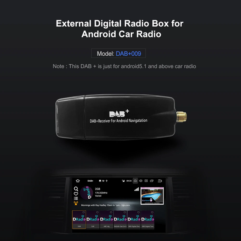 DAB+ Receiver Antenna Aerial DAB+ Box Radio Receiver Adapter USB Interface Portable for Android 5.1 and Above Car Radio