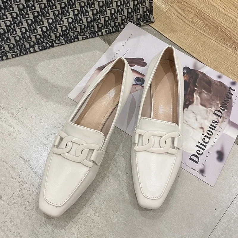 2024 Soft Leather Middle Heel Women Shoes Square Buckle Thick Heel Females Shoes Fashion Leisure Spring Ladies Dress Pumps Size