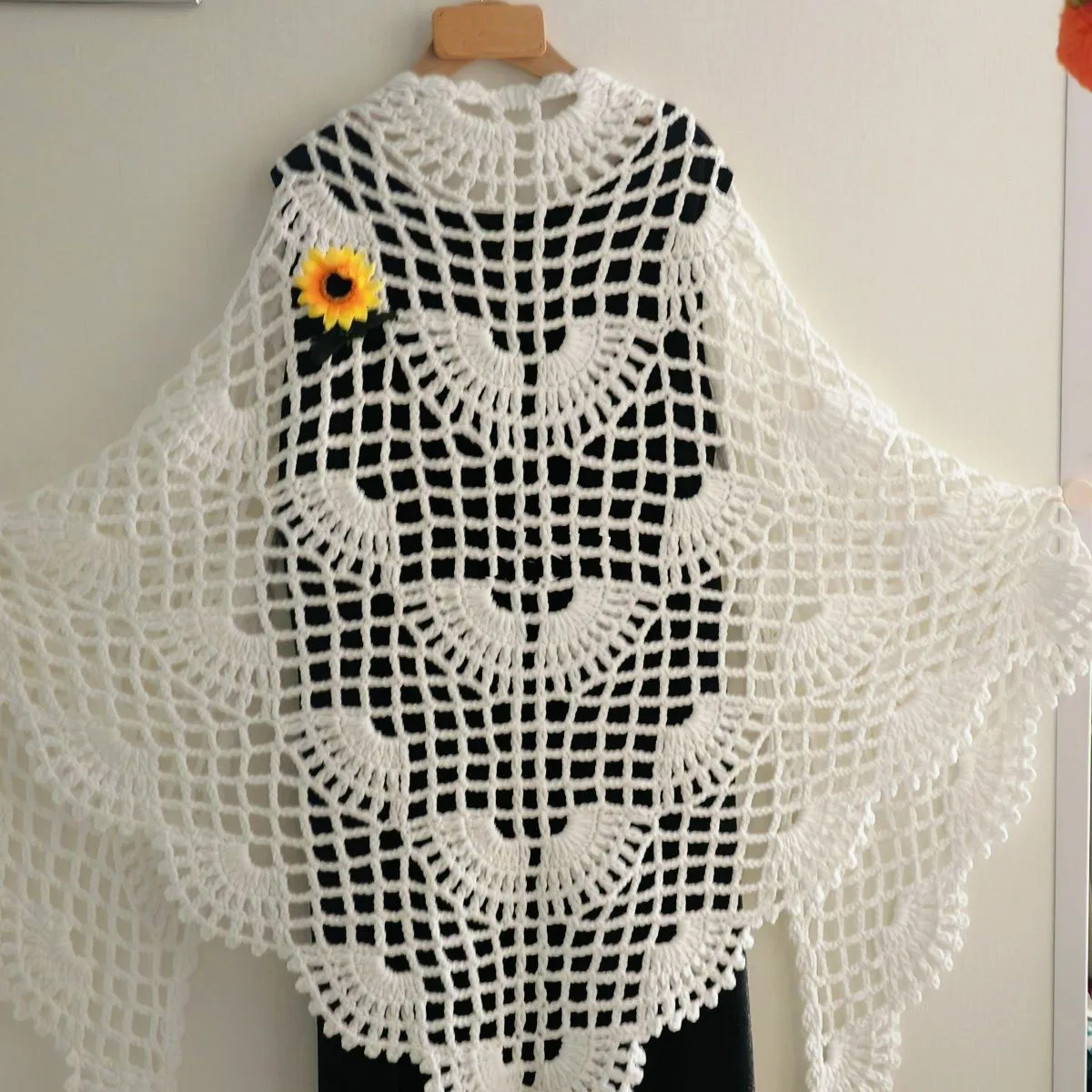 Elegant Women's Handmade Crochet Big Shawl Scarf Cape with Peacock Feather Flower Cotton Hollow out Design Fashion Wrap