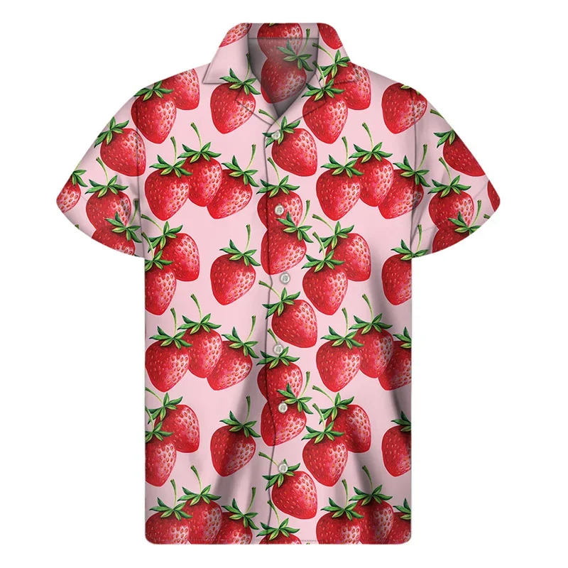 2024 Hawaiian Shirt Cherry Apple Strawberry Pattern Shirt Men's 3D Printed Fruit Summer Button-up Short Sleeve Baggy Lapel Aloha