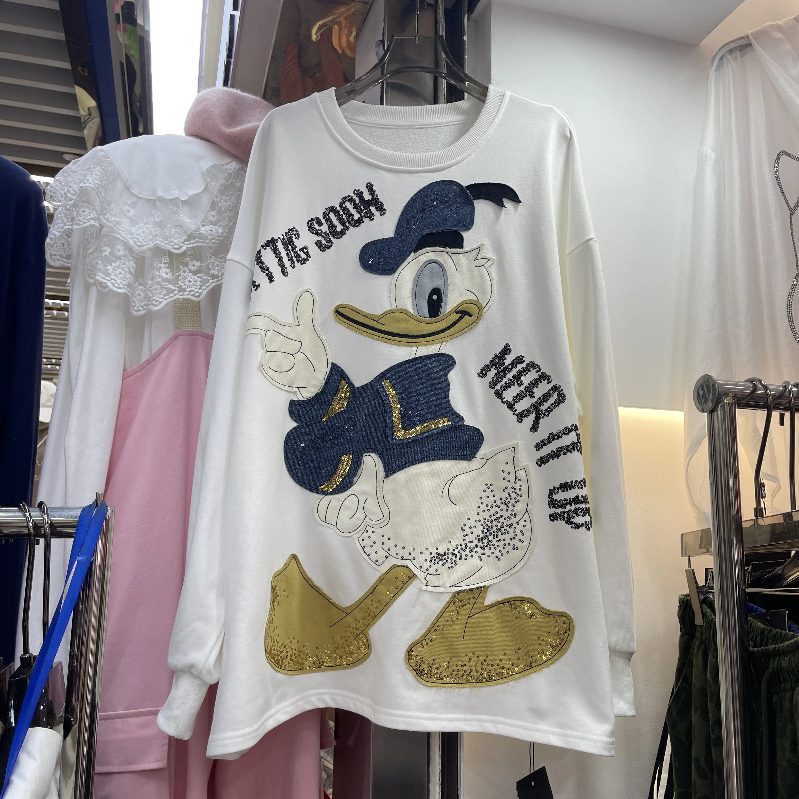 Cartoon Duck Patch Embroidered Crew Neck Sweatshirt Long Sleeve Women 2025 Early Autumn New Pullover Top Oversized Sweatshirts