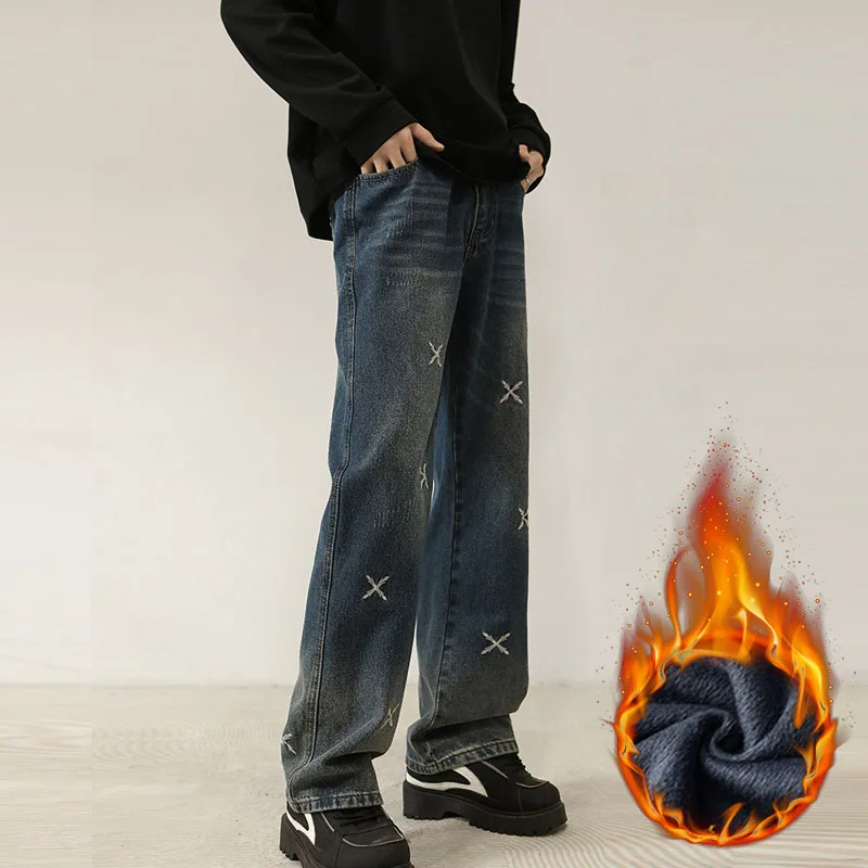 Winterfleece vintage herenjeans gewassen zwart blauw geborduurde dikke broek losse Amerikaanse retro rechte pijpen trend denim broek