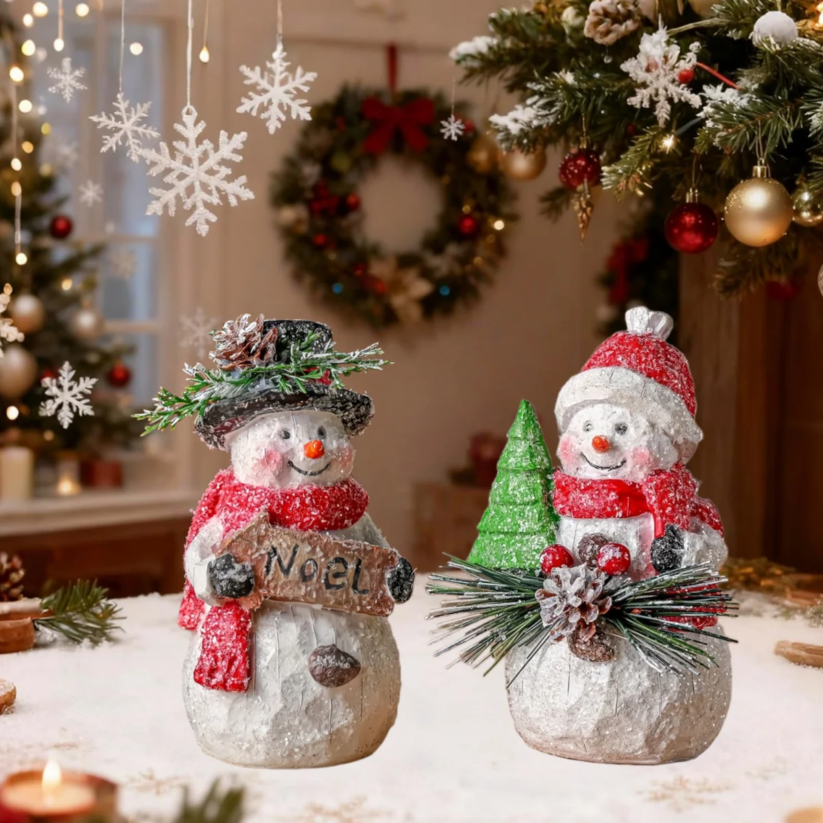 2pcs Christmas Snowman Statue, Christmas Figurines Resin Snowman Decorations, Snowman Figurines Table Decor, Decoration for Home Desk Shelf Fireplace Mantle Winter Holiday Party Supplies