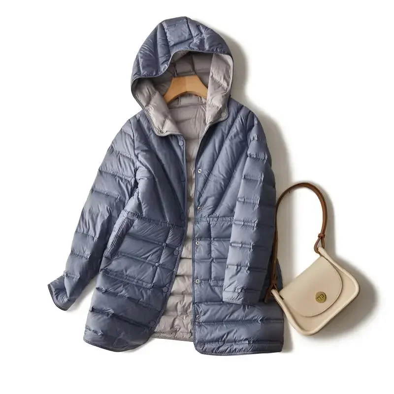 2024 Autumn Winter Women Hooded Puffer Jacket Light White Duck Down Parka Female Double-Sided Coat Midi Long Outwears