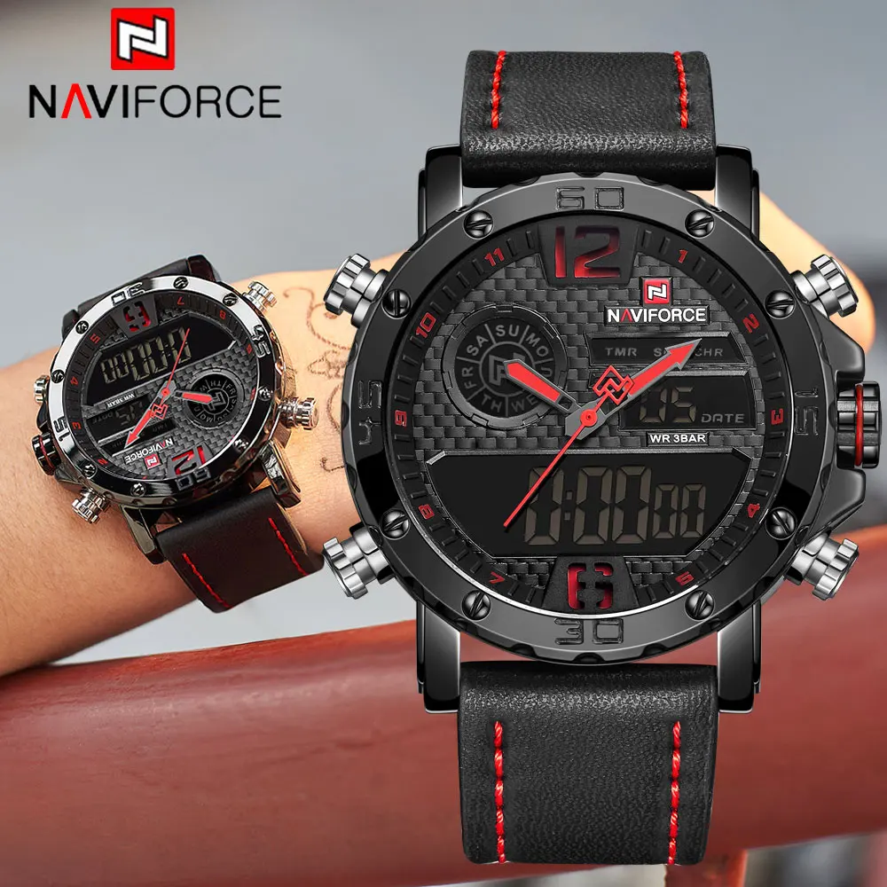 NAVIFORCE a marca de lujo, relojes de cuarzo para hombre, relojes deportivos de cuero, reloj Digital LED para hombre, reloj de pulsera militar resistente al agua