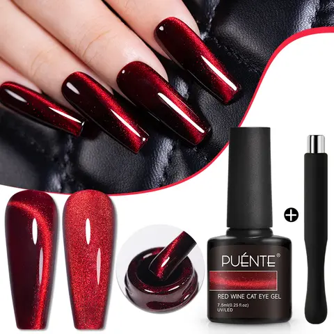 PUENTE 7.5ML Wine Red Magnetic Cat Eye Gel Nail Polish With Magnet, Super Shiny Ruby Red Magnetic Nail Gel, Soak Off UV/LED Lamp Curing, Glossy Varnish, Hypoallergenic Nail Salon Quality Polish for Skin, Gift for Women