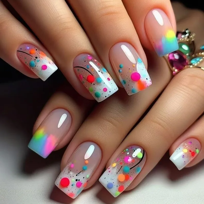 

24pcs Sweet Style Fake Nails Color-Blocking Press-On Nails - Circle Ombre Design Medium Square Shape (Multi Sizes)