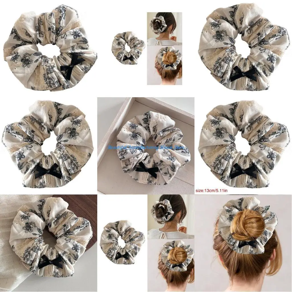 E56A Aesthetic Scrunchies Girl Elastic Lace Bowtie Hair Rope Wedding Party Headwear