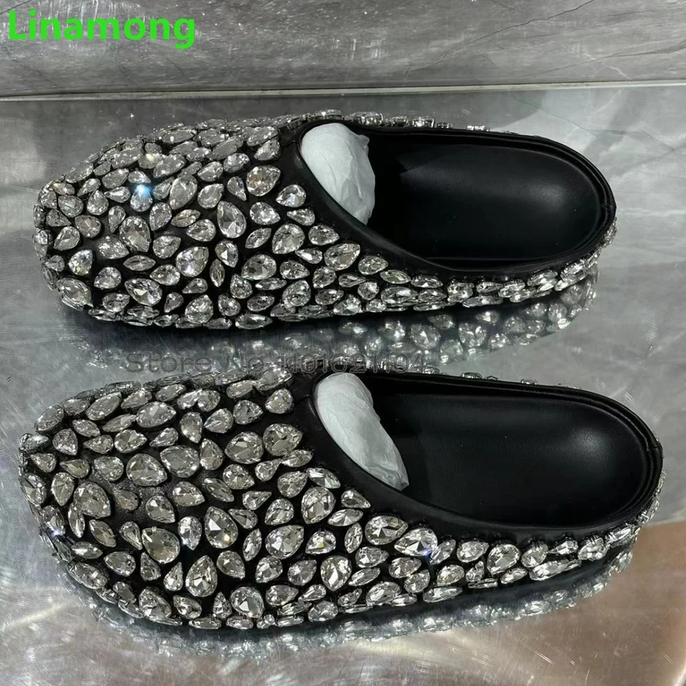 Rhinestones Flat With Round Toe Slippers For Female Women 2024 New Mules Outside Casual Black Fashion Luxury Blingbling Shoes