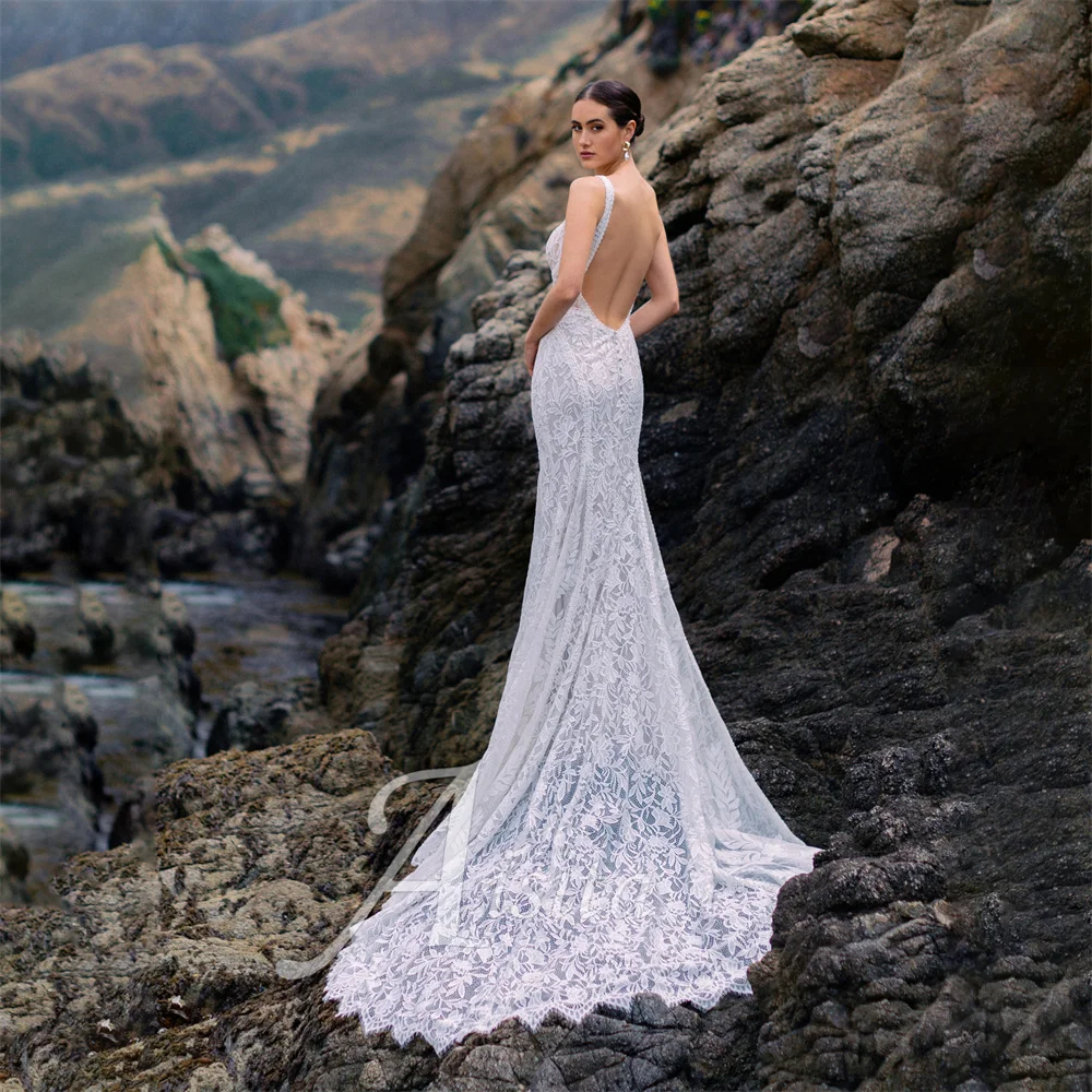 Vestido de noiva boêmio feminino, gola querida, sem mangas, renda, vestidos de casamento clássicos para mulher