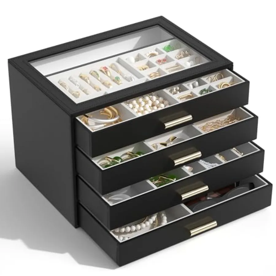 

Шкатулка для драгоценностей с прозрачной крышкой, функциональный кожаный органайзер для хранения ювелирных изделий, чехол с 4 ящиками для женщин и девочек, ожерелье, кольцо, браслет E