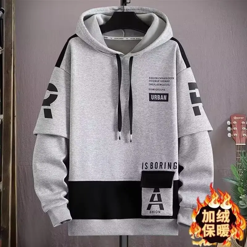 

Autumn and Winter Men's Classic Velvet Silk Printing Letter Pullover Hooded Sweater Men's Teen Loose Casual Sweater