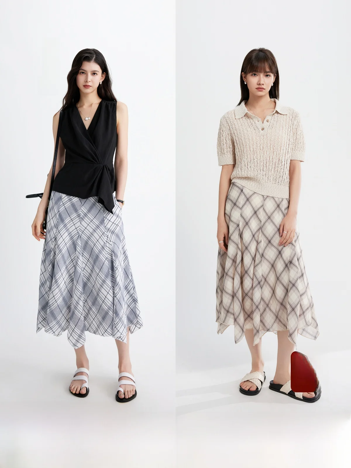 

Asymmetric Plaid f Skirt Color Woven Irregular Splicing Vintage Swinging Skirt High Waist Cotton Linen Commute Sle