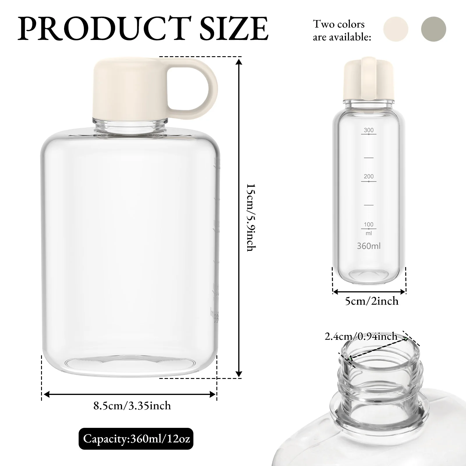 2Pcs 360ml Flat Water Bottle PP With Silicone Ring Screw Cap Seal Mini Outdoor Water Flask with LeakProof Lid for Travel And Gym