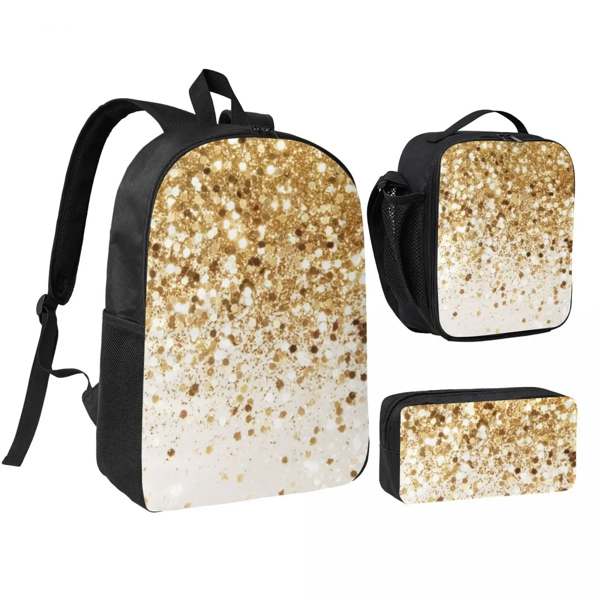 

Sparkling Gold Glitter Glam Backpack Boys Girls BookBag School Bag Laptop Shoulder Bags 3ps Insulated Lunch Bag Pencil Case