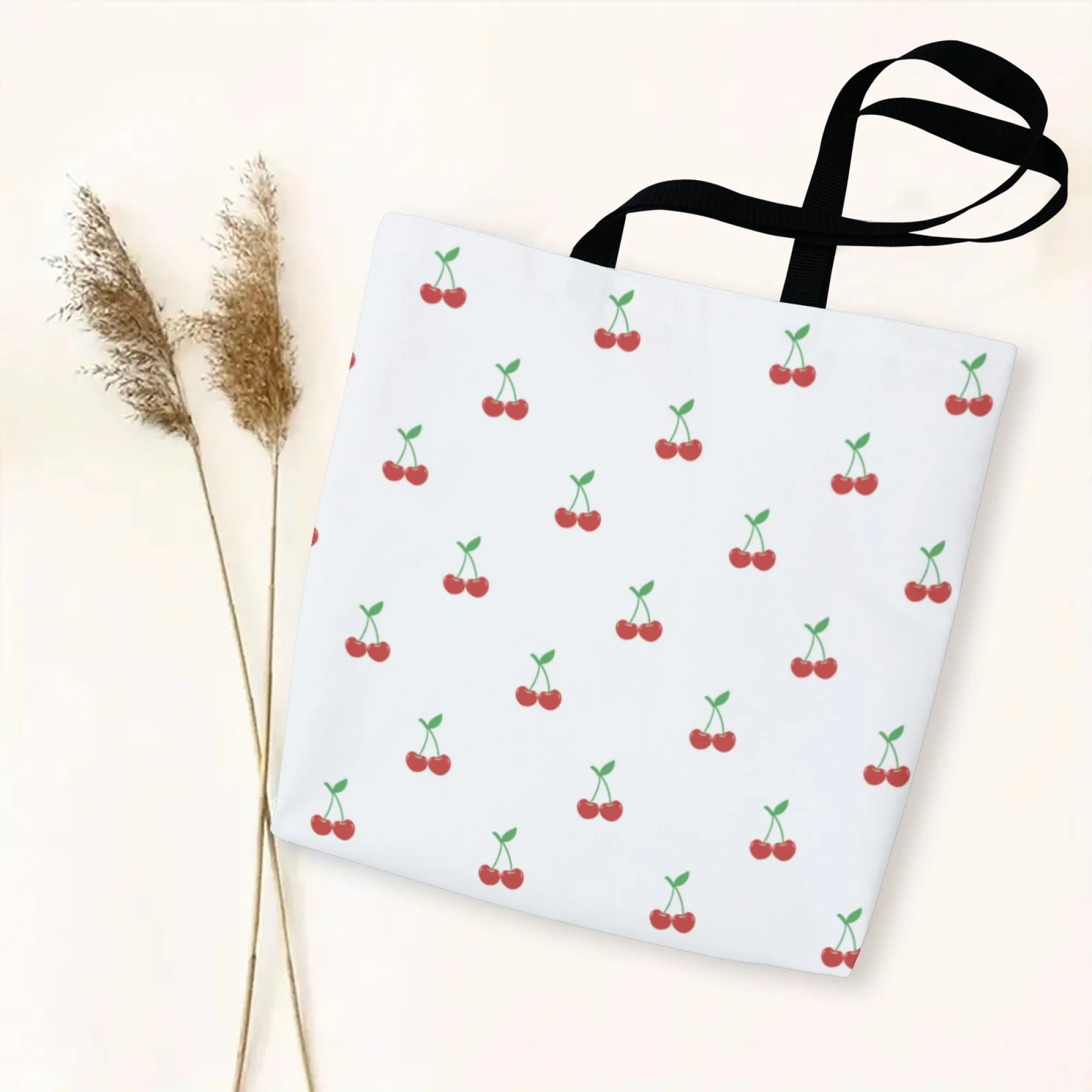 حقيبة يد قماشية كورية من Sweet Fruit Trend للنساء حقيبة يد عصرية قابلة لإعادة الاستخدام بطباعة الكرز الأبيض مثالية للتنقل اليومي كاواي #1