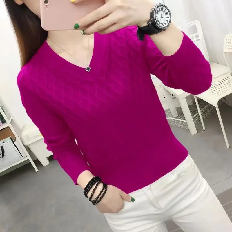 Fashion V-Neck All-match Solid Color Sweaters Women\'s Clothing 2023 Autumn Winter Loose Knitted Korean Pullovers Casual Tops