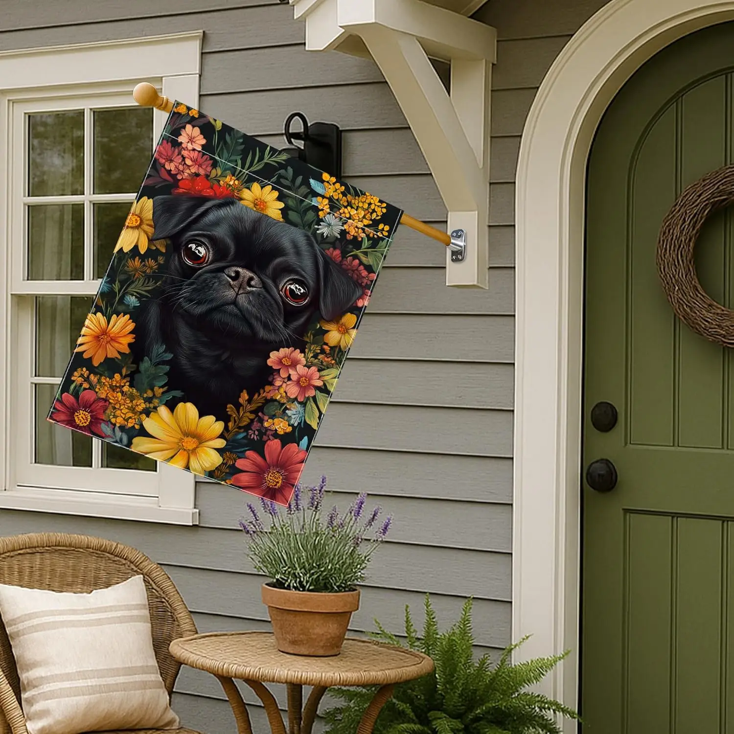 Floral Pug Garden Flag, Black Dog with Colorful Blooms Outdoor Decor, Double Sided Burlap Yard Flag for Spring Summer Lawn D LLE