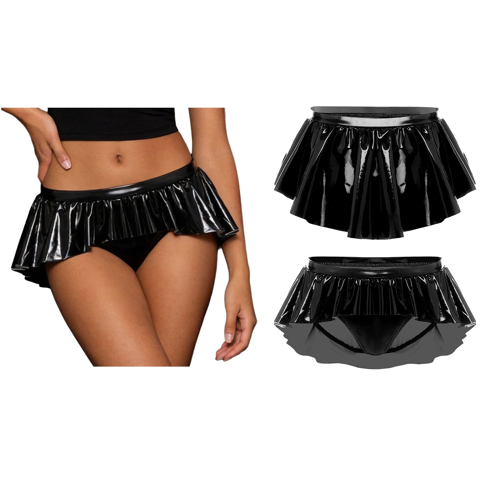Women Wet Look PU Leather Low Rise Ruffled Skirted Panties Micro Underwear Nightclub Rave Party Couple Game Nightwear Clubwear
