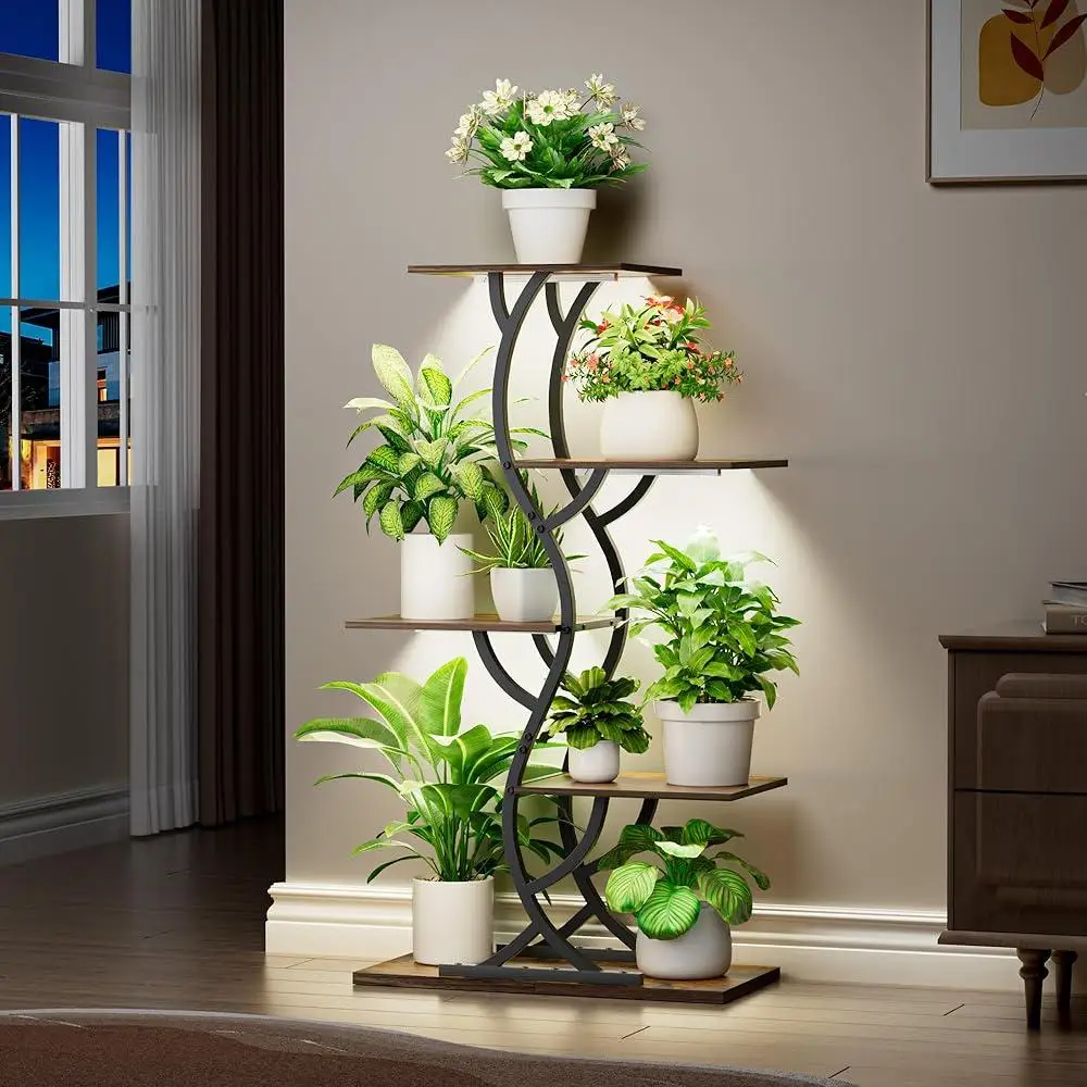 حامل نباتات داخلي مع أضواء نمو 5 طبقات رف زهور معدني حامل نبات زاوية سطوع قابل للتعديل سهل التجميع