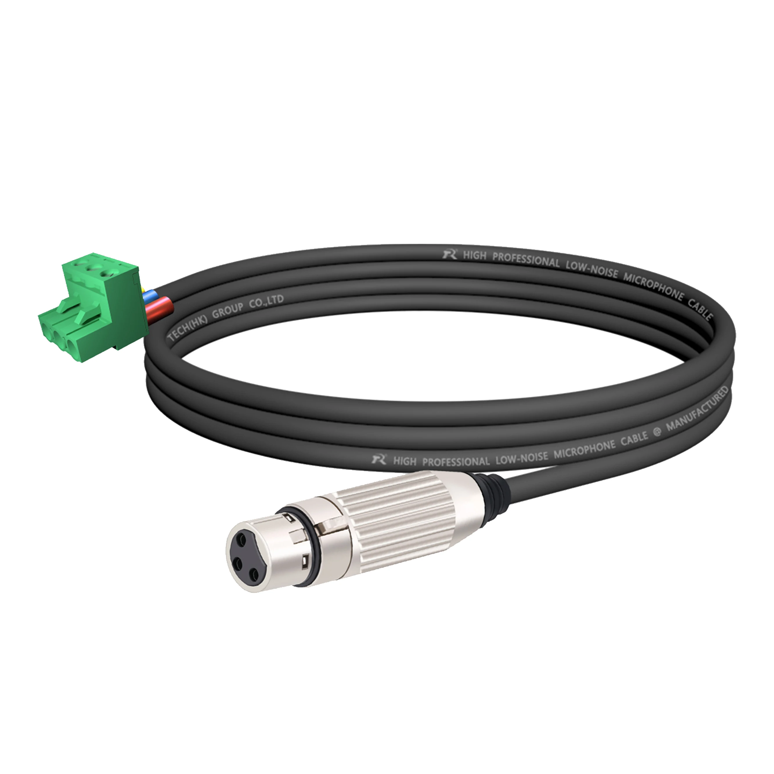3-poliger Phoenix-Stecker, verbunden mit einem versilberten XLR 3-poligen Stecker, farbcodiertes Kabel, geeignet für professionelle Audiogeräte. – Detail 12