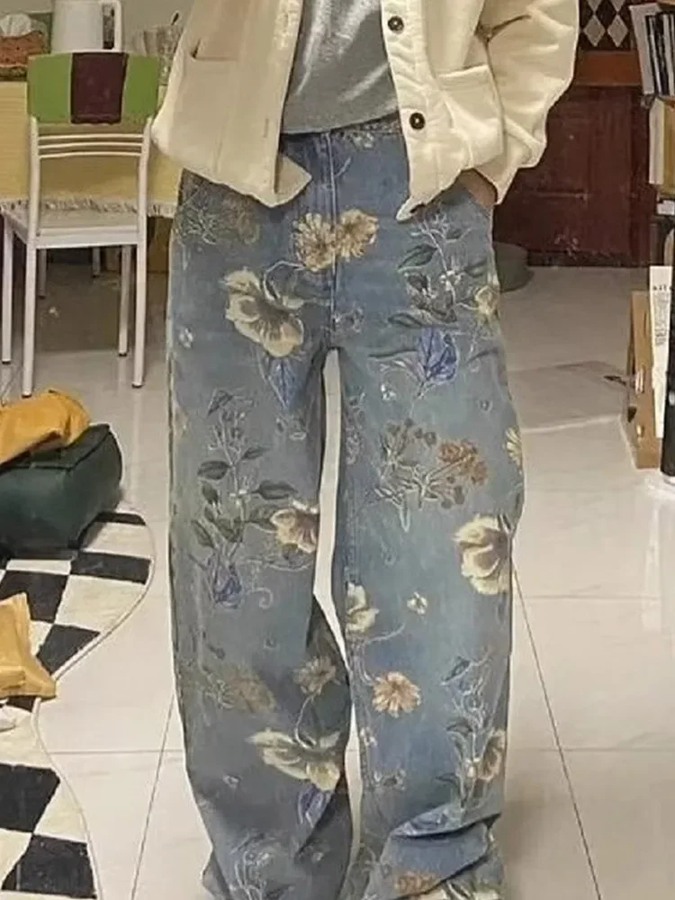 Retro Floral Printed Wide Leg Jean Men's Fashion Button High Waist Straight Denim Pants 2024 Street Casual Floor Length Trousers